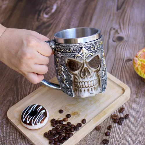 Vista 3 de Taza de café de calavera de 13 onzas, tazas de cerveza con calavera vikinga, revestimiento de acero inoxidable, regalo para hombres, regalos del día