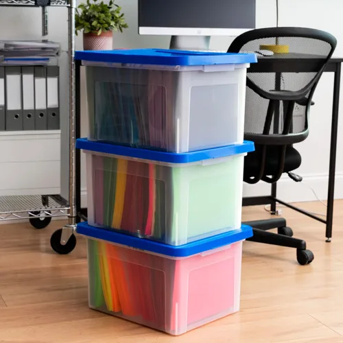 Vista 4 de IRIS USA 3-Pack 35 Qt. Letter/Legal File Box with Lid, Clear/Blue Transparente/azul