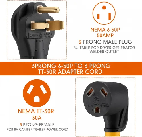 Vista 3 de Kanayu Cable adaptador de corriente NEMA 6-50P a TT-30R de 50Amp a 30Amp RV Amarillo
