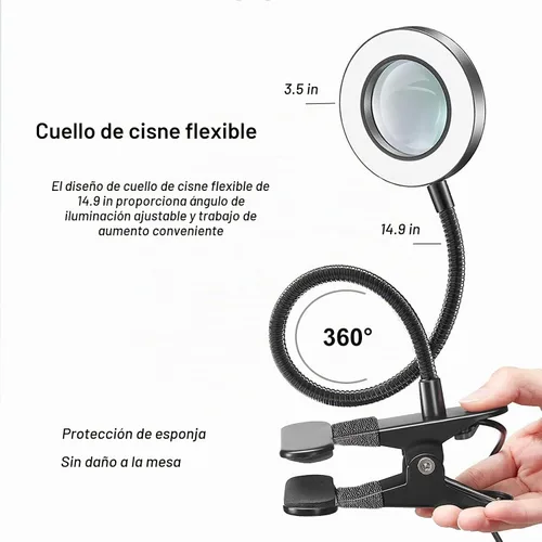 Vista 5 de Lupa de Escritorio con Luz 10x, Lupa con 3 Colores de Luz, 10 Niveles de Brillo Ajustable, Cuello de Cisne Flexible, Lámpara de Aumento
