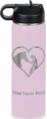 Vista 74 de LaserGram Botella de agua personalizada, corazón de vaquera de caballo, acero inoxidable de doble pared aislada al vacío con popote superior, regalo