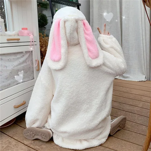 Vista 7 de Sudadera con capucha para mujer, con orejas de conejo, de manga larga, mullida, con capucha y abrigos