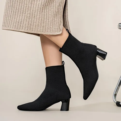 Vista 3 de Women's Ankle Boots Comfortable Pointed Toe Breathable Sock Knit Low Heel Fall Work Office Booties