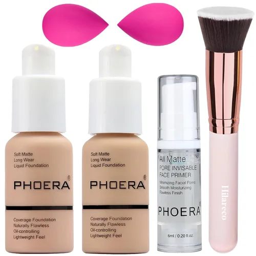 Vista 9 de PHOERA - Base de maquillaje mate de cobertura completa, brochas de maquillaje Kabuki (101 porcelana + 102 desnudos)