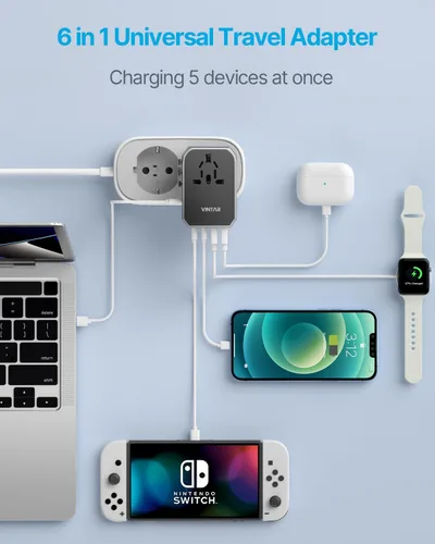 Vista 4 de VINTAR - Adaptador de viaje universal, adaptador de corriente internacional GaN de 70 W con 5 puertos USB (3 USB-C), adaptador de enchufe de viaje