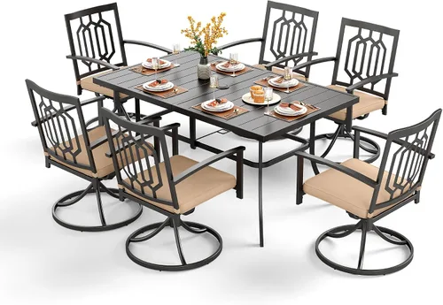Vista 14 de PHI VILLA Juego de comedor al aire libre de 7 piezas para 6, mesa rectangular de metal negro de 60 pulgadas con agujero para sombrilla y sillas