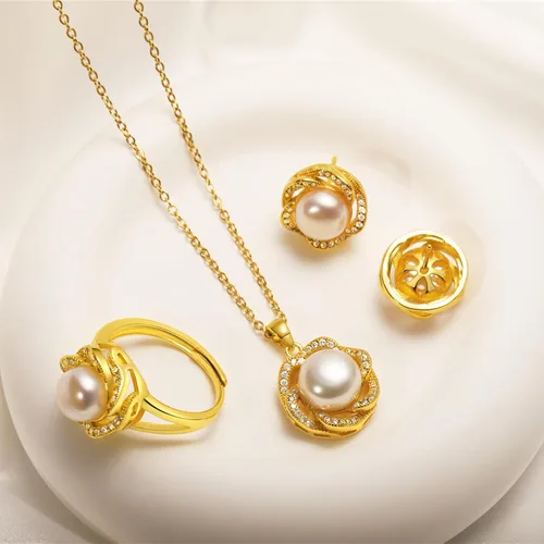 Vista 2 de la luen Pearl Necklace Earring Set for Women,Freshwater Single Pearl Wedding Jewelry for Brides Mom Birthday Gifts