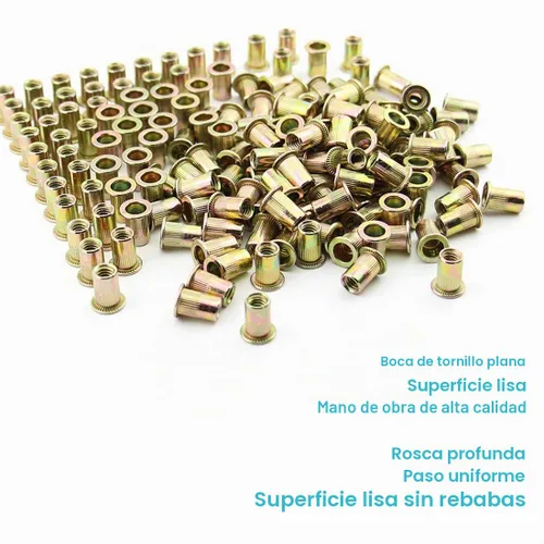 Vista 3 de 100 tuercas remachadoras de 1/4 "-20 UNC, acero al carbono, cabeza plana moleteada, cuerpo moleteado, tuercas de inserción roscadas (1/4-20 remaches)