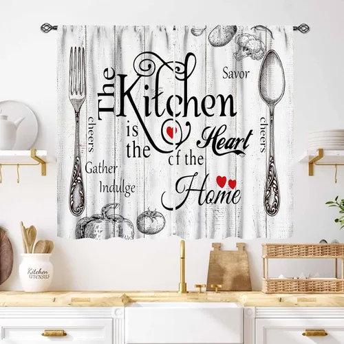 Vista 40 de Cortinas de cocina rústicas, color negro y blanco, tablón de madera con cuchillo y cuchara para barra, bolsillo para barra, tratamiento de ventana
