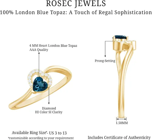 Vista 15 de Anillo de derivación de corazón con topacio azul natural de Londres, calidad AAA, joyería de promesa para ella
