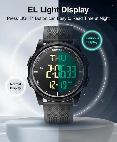 Vista 42 de Beeasy - Reloj digital de pulsera resistente al agua con cronómetro, alarma, cuenta regresiva, doble zona horaria, ultrafino, pantalla angular muy