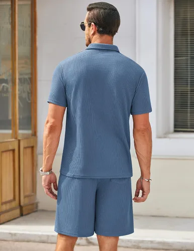 Vista 3 de COOFANDY - Conjunto de polo y pantalones cortos de punto acanalado para hombre, 2 piezas, atuendo de verano, traje casual deportivo con bolsillos