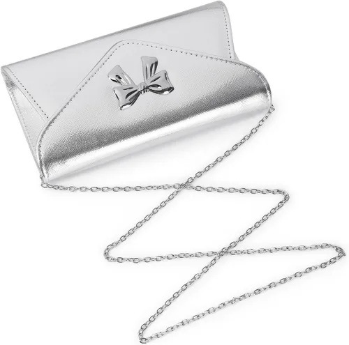 Vista 3 de Gurina Bolso de mano de noche con detalle de lazo, elegante bolsa de fiesta de piel sintética brillante con cadena desmontable para boda y baile