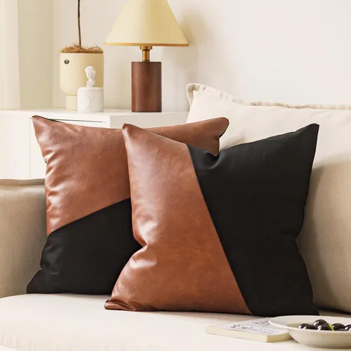 Vista 12 de Juego de 2 fundas de almohada de 20x20 pulgadas de cuero sintético blanco y marrón, almohadas decorativas de algodón estilo boho moderno para sofá