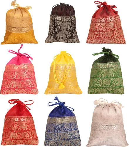 Vista 19 de Touchstone Bolsas con cordón de tela tradicional india, hechas a mano, perfectas para regalos, joyas, bodas, bolsas, bolsas, Potli, -Mimosa