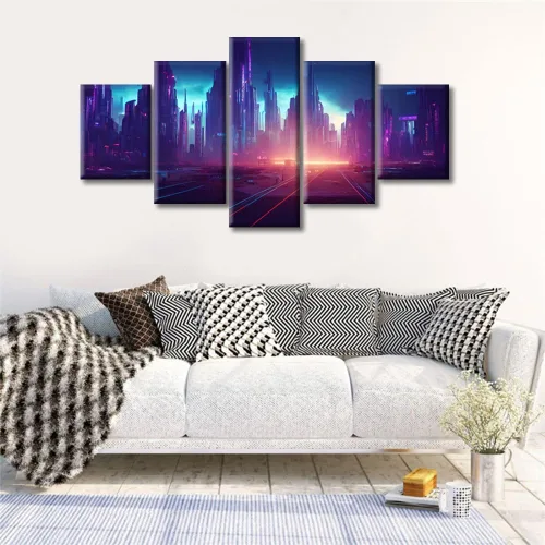 Vista 16 de Cuadros de 5 paneles de Cyberpunk City, arte de pared, representación de vallas publicitarias, edificios modernos en la capital con obras de arte
