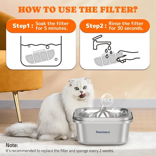 Vista 6 de Pawtners Fuente de agua para gatos de acero inoxidable 4L/140 onzas con 6 filtros de repuesto y 8 paquetes de filtros de repuesto