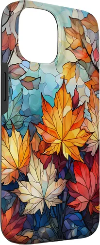 Vista 3 de iPhone 15 Otoño hojas de arce vitrales estilo abstracto caso