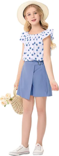 Vista 3 de Conjunto de 2 piezas de verano para niñas, camiseta y falda con estampado de lunares, camiseta y falda con pantalones cortos, de 3 a 11 años