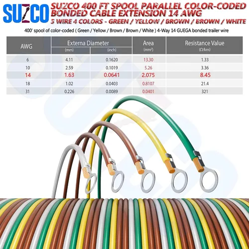 Vista 5 de 400 pies suficiente 14AWG CCA【2 cables marrones】4 cables codificados por colores de 4 vías 5 cables unidos para remolque RV cámper enganche de 4