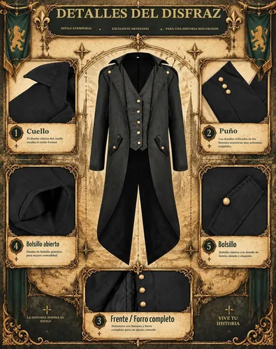 Vista 2 de Chaqueta medieval para niños, disfraz de Halloween, gótico, steampunk, vintage, victoriano, uniforme Gold-tone buttons,side pockets,classic split