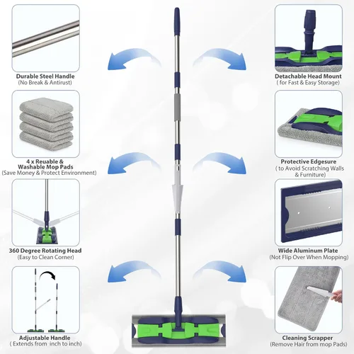 Vista 2 de Trapeadores de microfibra para limpieza de suelos: fregona plana con 4 almohadillas lavables 59" Adjustable Handle, 360° Rotating Head, Commercial