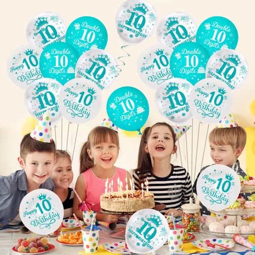 Vista 3 de Globos de cumpleaños número 10, paquete de 45 decoraciones de cumpleaños de dos dígitos, color turquesa, juego de globos de látex azul y blanco