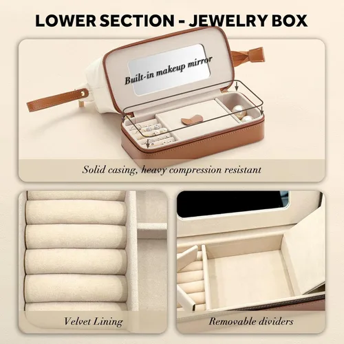 Vista 4 de Joyero y bolsa de maquillaje 2 en 1 con espejo, organizador versátil de viaje para joyas, bolsa de cosméticos, bolsa de aseo portátil con estuche