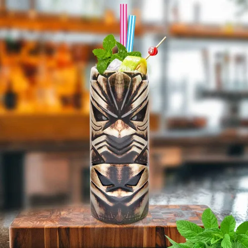 Vista 3 de LINALL Tiki Mugs - Juego de 4 vasos grandes de cerámica hawaiana Luau para fiesta, lindos vasos de cóctel exóticos, Tiki Bar profesional hawaiano