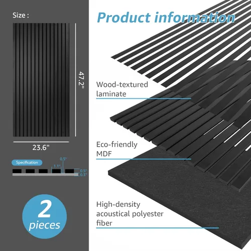 Vista 4 de Art3d 2 paneles acústicos de listones de madera para pared y techo, panel de absorción de sonido acanalado 3D con acabado de madera, negro mate