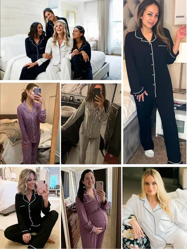Vista 5 de Juego de pijama con botones para mujer, de manga larga, ropa de dormir suave, conjunto de ropa de descanso, tallas XS-XXL bean paste