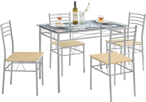 Vista 11 de VECELO juego de mesa de comedor de 5 piezas para 4 con sillas, superficie de grano de madera, espacio pequeño, cocina, desayunador, color marrón