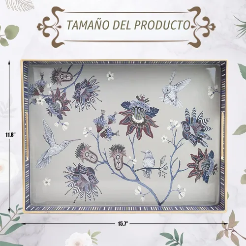 Vista 3 de Bandeja rectangular de plástico para servir con asas, elegante bandeja decorativa para mesa de café, otomana, sala de estar, cocina, uso al aire