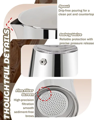 Vista 7 de Cafetera Express de acero inoxidable 304, 2 tazas de 3.3 oz/3.4 fl oz, cafetera italiana para el hogar, cocina y campamento, todas las estufas