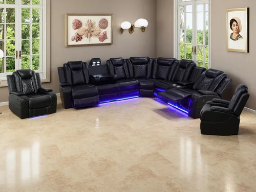 Vista 37 de Juego de sofá de cuero transpirable con puerto USB, 5 sofás seccionales reclinables en forma de L y 2 sillas, juego de sofá seccional reclinable
