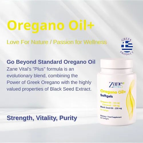 Vista 2 de Zane Vital, aceite de orégano y aceite de semilla negra, con carvacrol y timoquinona, suplemento dietético para el bienestar inmunológico