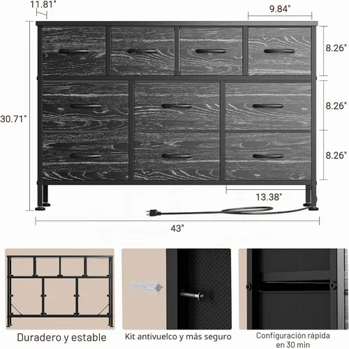 Vista 3 de Lulive Cómoda negra de 10 cajones para dormitorio, soporte de TV con toma de corriente, cómoda central de entretenimiento para TV de 55 pulgadas