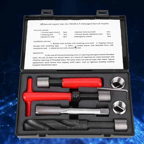 Vista 4 de Kit de herramientas de reparación de roscas, 10 piezas M18x1.0.197 in acero inoxidable torcido, llave roscada, herramienta de inserción