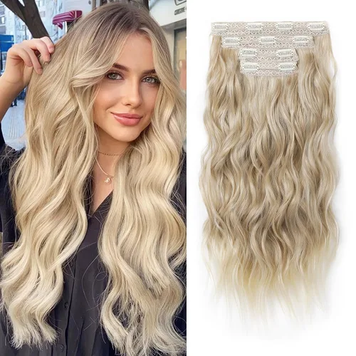 Vista 9 de REECHO Extensiones de cabello con pinza, 4 piezas de extensiones de cabello rubio de 24" de largo, ondas de playa gruesas, HE003, trama de encaje