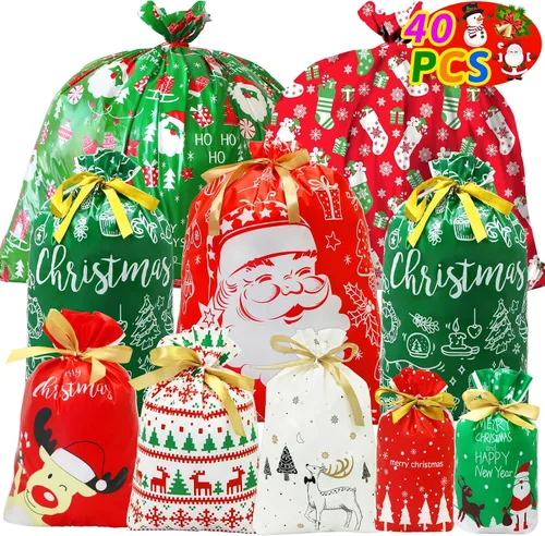 Vista 13 de ZMCINER 38 PCS bolsas de regalo de Navidad con cordón de varios tamaños, bolsas de Navidad con cordón para regalos de Navidad, regalos