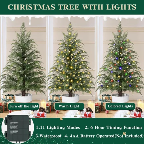 Vista 5 de Árbol de Navidad con luces de 2 pies, 3 pies y 4 pies, juego de 3 árboles de Navidad de cedro preiluminados, mini árbol de Navidad artificial