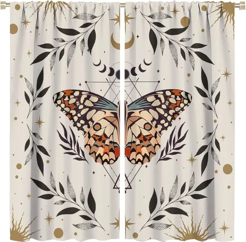 Vista 45 de Cortinas de mariposa de fantasía, polilla, sol, luna, estrella, arte floral, estampado floral, bolsillo para barra, cortinas opacas para ventana
