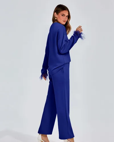 Vista 5 de BTFBM Women Two Piece Outfits 2023 Feather Trim Loose Long Sleeve Pullover Leg Pants Casual Sweatsuit Tracksuits Sets