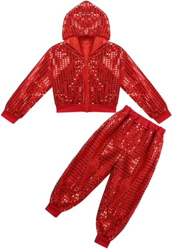 Vista 3 de inhzoy Conjunto de lentejuelas para niña, danza callejera, hip hop, danza, rendimiento, con capucha y pantalones de harén
