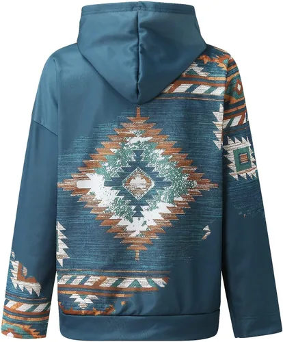 Vista 6 de Ceboyel Women Western Aztec Hoodies Drawstring Sweatshirt Pullover Ethnic Vintage Graphic Shirts Tops Causal Fall Clothes