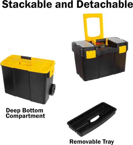Vista 3 de Caja de herramientas portátil con ruedas - Caja de herramientas 2-en-1 apilable con asas plegables cómodas, cierres resistentes y bandejas
