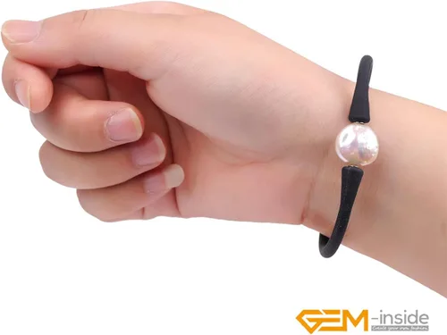 Vista 3 de GEM-Inside Big - Pulsera de joyería de perlas de 0.512 in para dama de honor, color negro, apilable, goma de silicona, elástica, perlas cultivadas