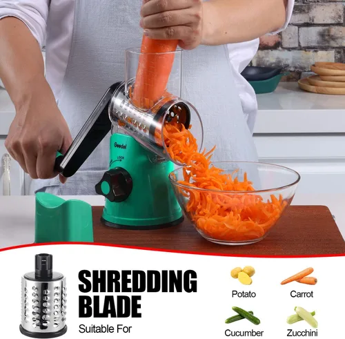 Vista 3 de Geedel Rallador rotativo de queso, rebanador de verduras de mandolina de cocina con 3 cuchillas intercambiables, fácil de limpiar, rallador
