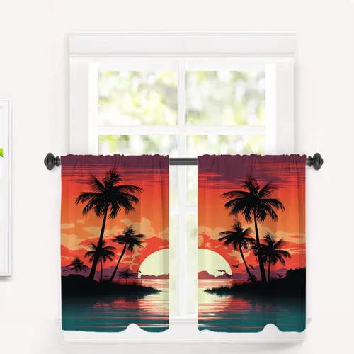 Vista 10 de Cortinas de cocina de hojas de arce otoñales para ventanas, hojas verdes y rojas sobre cenefas opacas negras, tratamientos de ventana de poliéster