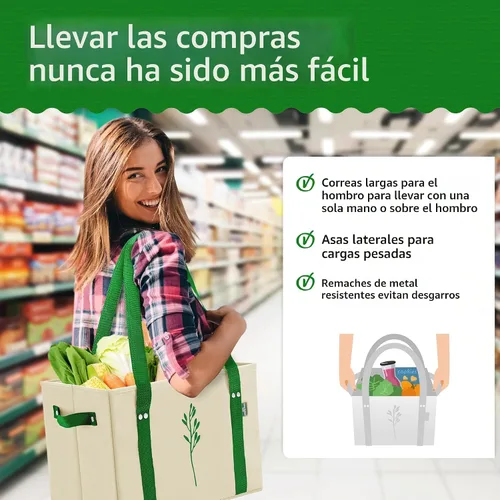 Vista 3 de Green Bulldog - Bolsas reutilizables para comestibles, resistentes y reutilizables, con asas largas, plegables y plegables, con capacidad para hasta